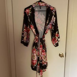 2x floral black, pink, and red satin robe
